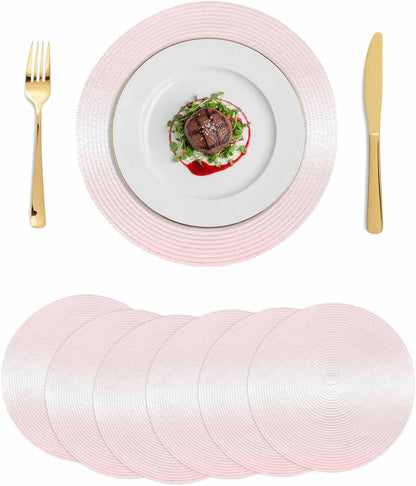 Round 13'' Placemats Set of 6, Pink Ombre HeatResistant Polypropylene Placemats, Aesthetic Art Farmhouse Gradient Pink Washable Woven Braided Place Mats for Dining Table, Non Slip Kitchen Table Decor