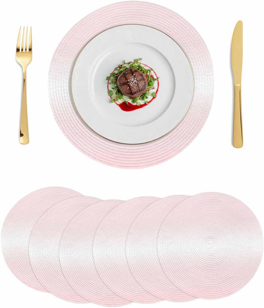 Round 13'' Placemats Set of 6, Pink Ombre HeatResistant Polypropylene Placemats, Aesthetic Art Farmhouse Gradient Pink Washable Woven Braided Place Mats for Dining Table, Non Slip Kitchen Table Decor