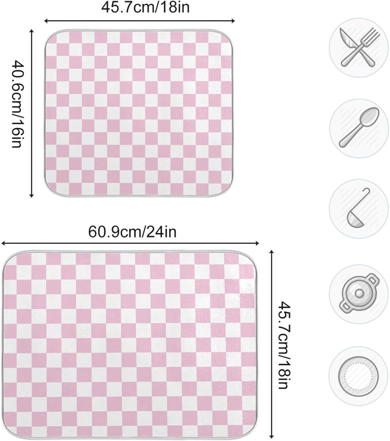 Light Pink White Checkered Dish Drying Mat for Kitchen Counter Absorbent Reversible Microfiber Drying Pad Countertop Drainer Mats, Small 16 x 18 inch