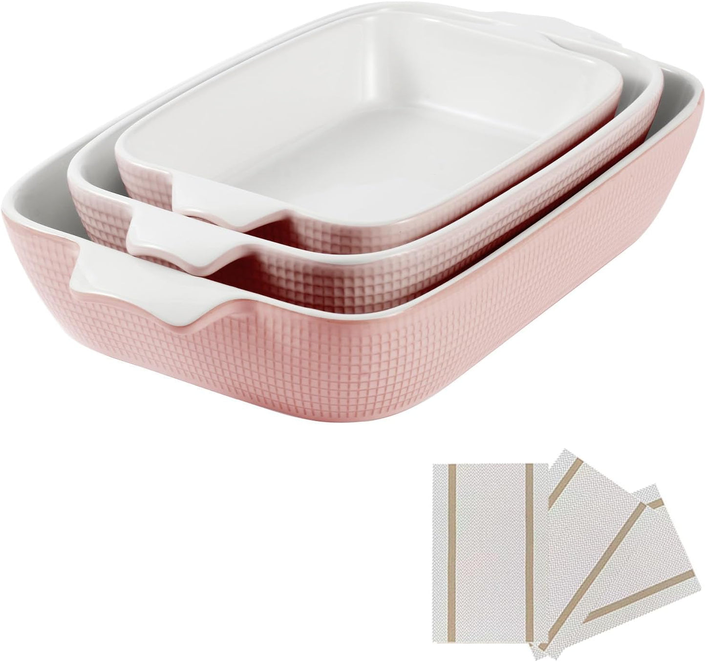 Ceramic Casserole Dishes Set of 3, Stoneware Baking Pans for Oven, Rectangular Lasagna Dish & Bakeware Set, Pink (14.7’’/12.4’’/10.3’’)
