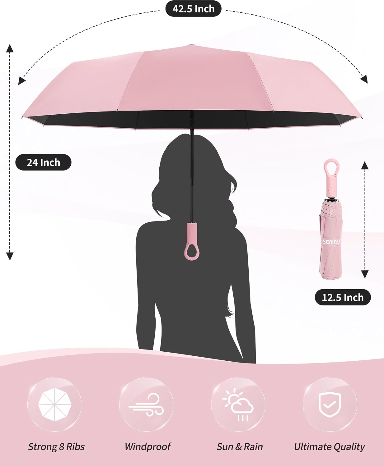 Seniny Umbrellas for Rain with Ring Buckle - Travel Umbrella Compact for Backpack, Car, Walking, Automatic UV Umbrella for Sun Protection, Small Portable & Folding Umbrellas for Windproof, Women Kids