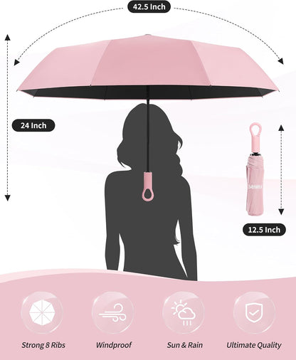 Seniny Umbrellas for Rain with Ring Buckle - Travel Umbrella Compact for Backpack, Car, Walking, Automatic UV Umbrella for Sun Protection, Small Portable & Folding Umbrellas for Windproof, Women Kids