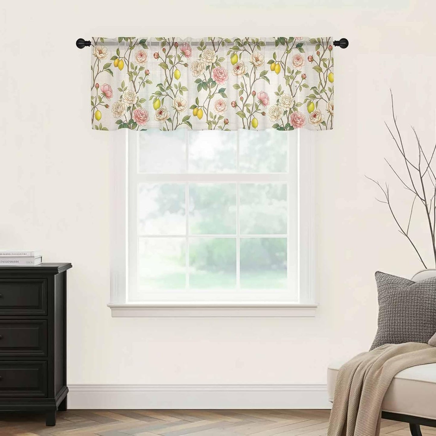 Spring Floral Sheer Curtains Valances for Windows Summer Lemons Farmhouse Art Rustic Chiffon Kitchen Valances for Cafe, Rod Pocket Voile Window Treatments Curtains for Living Room Bedroom, 54"x18"