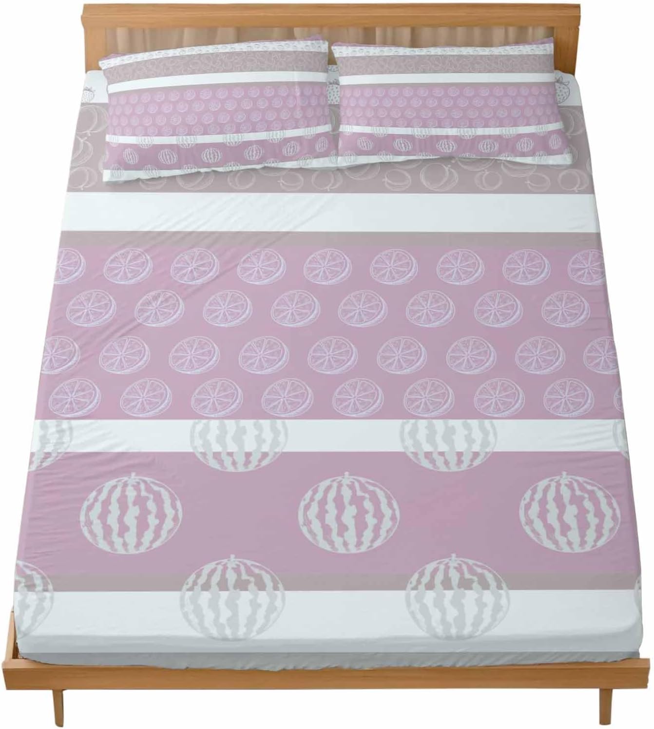 Farm Fruits California King Fitted Sheet Set,Watermelon Lemons Peach Pink Grey Striped Soft Deep Pocket up to 16"-Easy Fit Bed Sheets with Elastic Strap,Micorfiber Bedding Set with Pillowcase