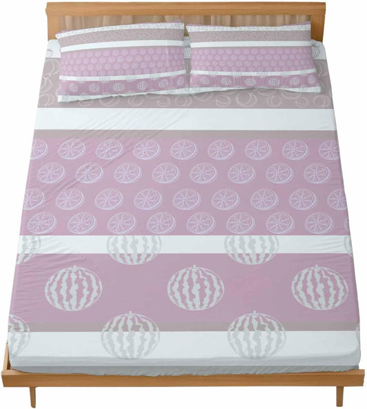 Farm Fruits California King Fitted Sheet Set,Watermelon Lemons Peach Pink Grey Striped Soft Deep Pocket up to 16"-Easy Fit Bed Sheets with Elastic Strap,Micorfiber Bedding Set with Pillowcase