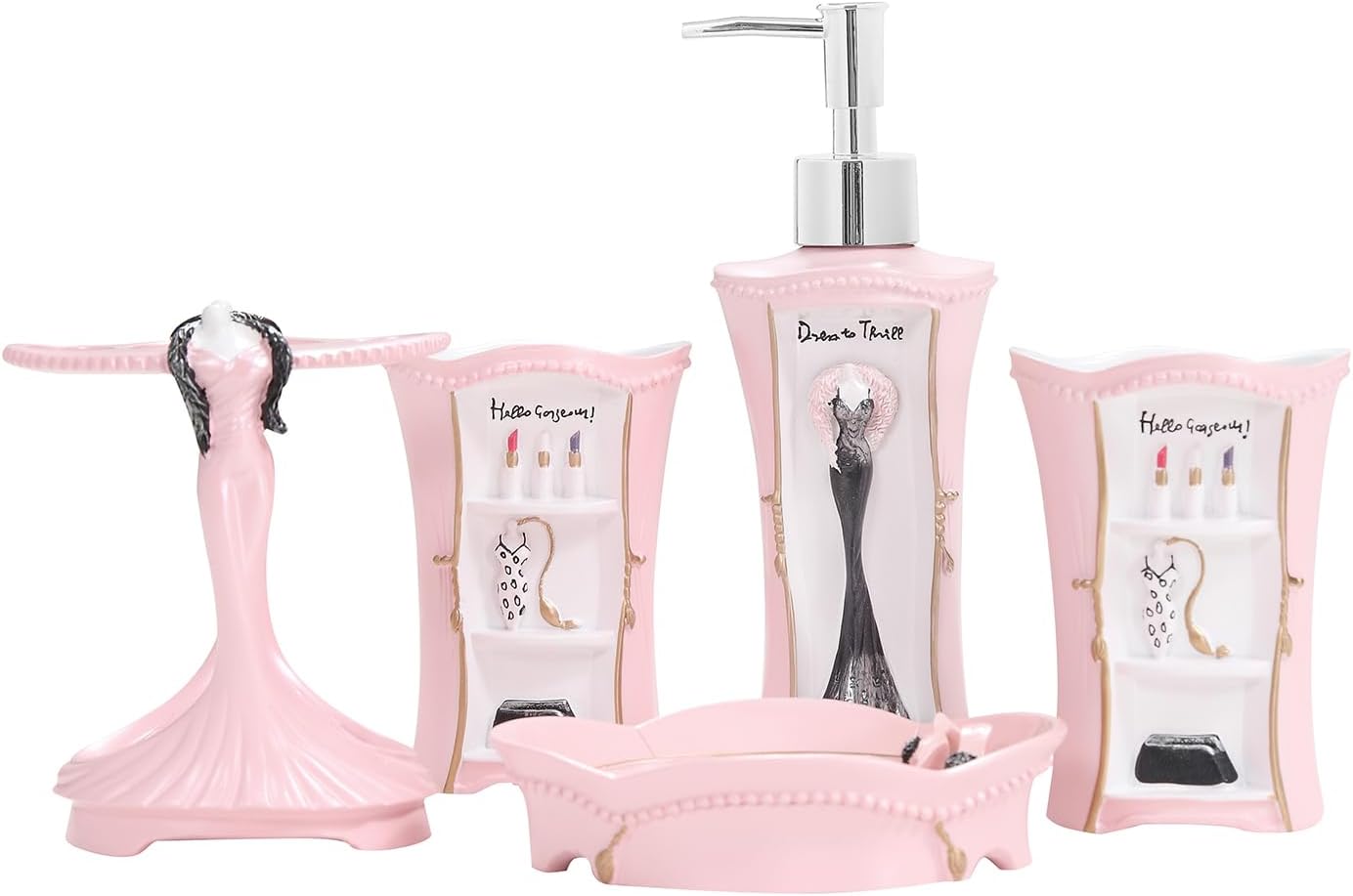 Pink Bathroom Accessories Set 5 Pcs - Soap Dispenser, Toothbrush Holder, Bathroom Tumbler, Soap Dish, Pink Bathroom Decor