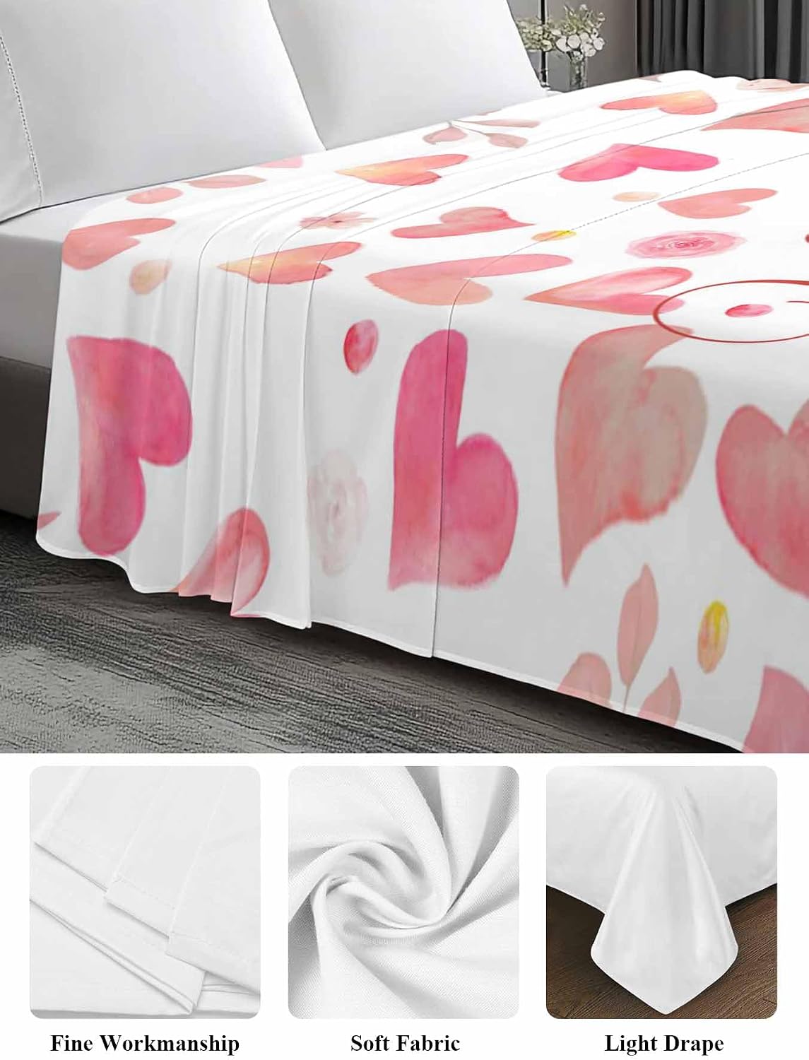 Valentine's Day Full Size Sheets - Hotel Quality Full Flat Sheet Only 1 Pack, Peach Pink Love Floral Modern Romantic Soft Bed Sheet Brushed Microfiber Bedding Top Sheets for Home Dorm