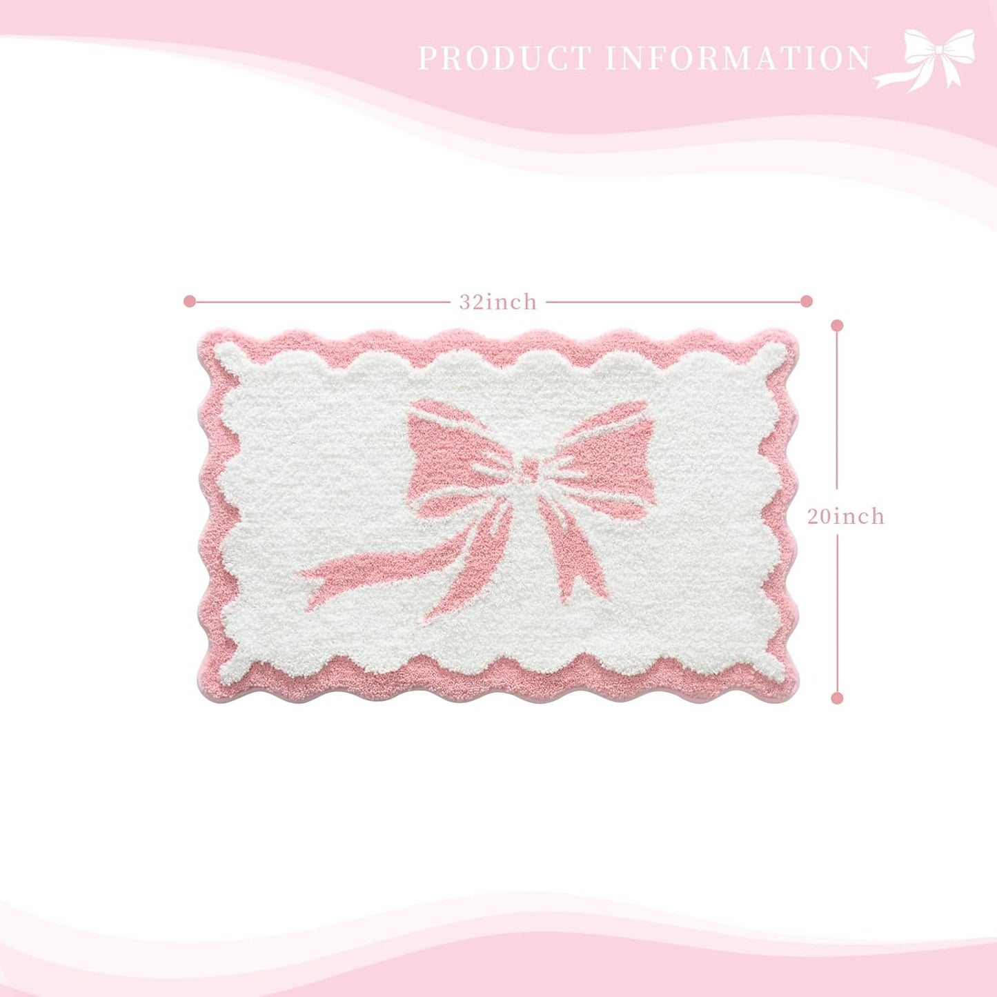 Anybar Bow Bath Mat Pink White Bathroom Rug Cute Scalloped Rugs Non Slip Floor Carpet Microfiber Bathmat Soft Super Absorbent Machine Washable Bathmat for Shower Scallop Bathroom Mats（20x32 inch）