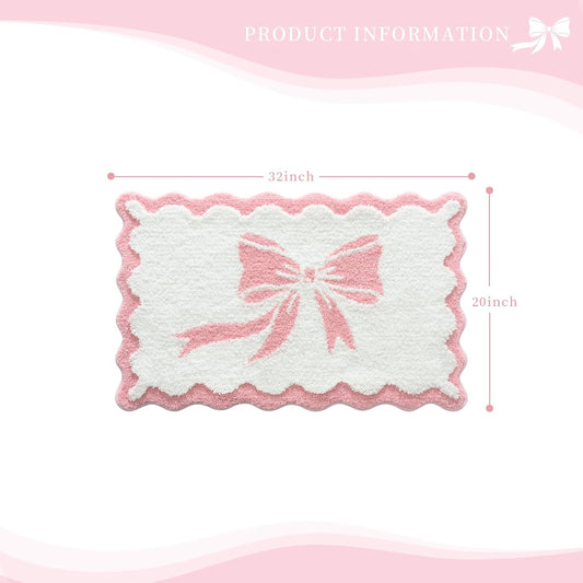 Anybar Bow Bath Mat Pink White Bathroom Rug Cute Scalloped Rugs Non Slip Floor Carpet Microfiber Bathmat Soft Super Absorbent Machine Washable Bathmat for Shower Scallop Bathroom Mats（20x32 inch）