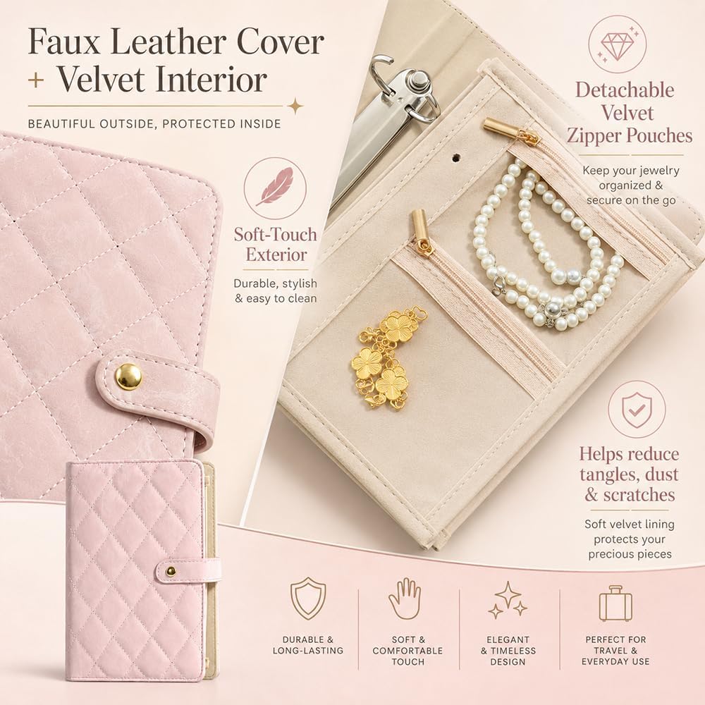 Travel Jewelry Notebook, Portable Jewelry Travel Case with 5 Detachable Velvet Zipper Pouches, Faux Leather Binder for Rings, Earrings, Necklaces (Light pink,2PCS)