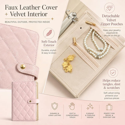 Travel Jewelry Notebook, Portable Jewelry Travel Case with 5 Detachable Velvet Zipper Pouches, Faux Leather Binder for Rings, Earrings, Necklaces (Light pink,2PCS)