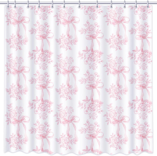 MEHOFOND Pink Floral Bow Shower Curtain, Coquette Cute Bowknot Shower Curtain,Chinoiserie Flower Bow-tie Bathroom Decor Curtain Romantic Pink Aesthetic Bathroom Curtain with 12 Hooks 72x72IN