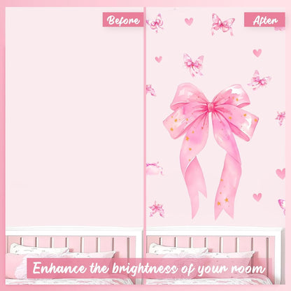 Large Pink Bow Wall Decals - 6 Sheets 64 Pcs Bow Knot Wall Stickers Heart Bow Peel and Stick Wallpaper for Girls Room Nursery Bedroom Coquette Room Décor