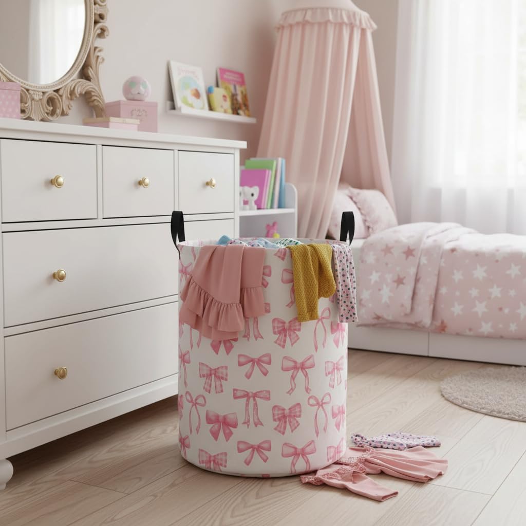 Baby Laundry Hamper Basket Baby Hamper for Nursery Boy and Girl Cute Kids Toys Storage Bin Organizer Boho Room Decor(Pink Bowknot)