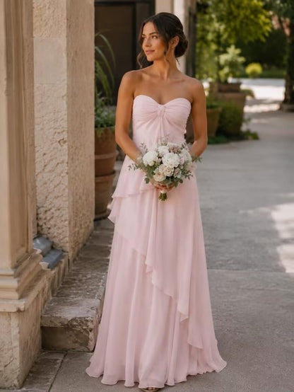 Strapless Bridesmaid Dresses Long for Women Chiffon Tiered Aline Formal Evening Dress ZU171