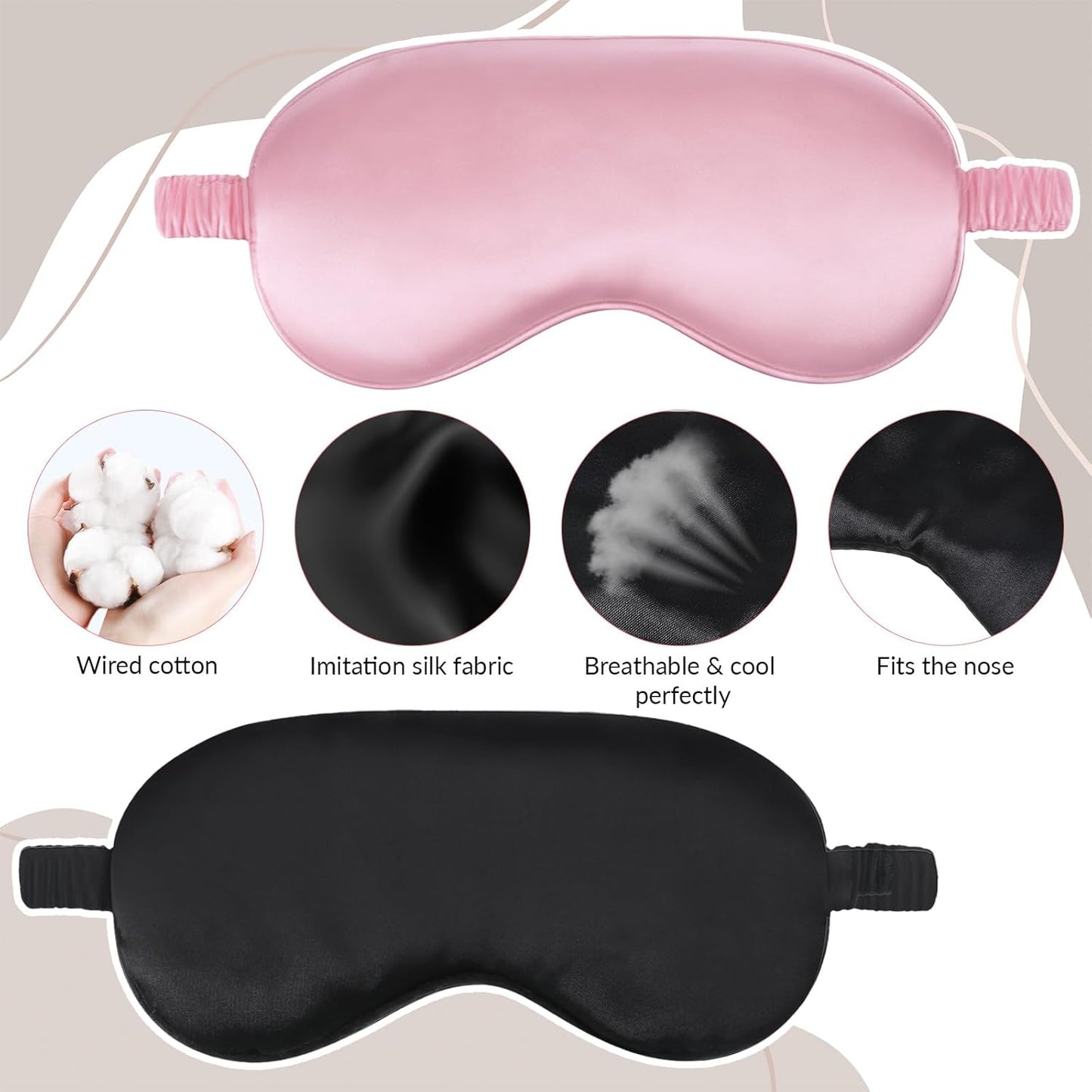 2 Pack Silk Sleep Mask Soft Blackout Eye Mask for Women Men Satin Blindfold with Elastic Strap Eye Sleep Shade Cover Travel Eyes Covers for Night Sleeping Travel Nap-Pink/Black