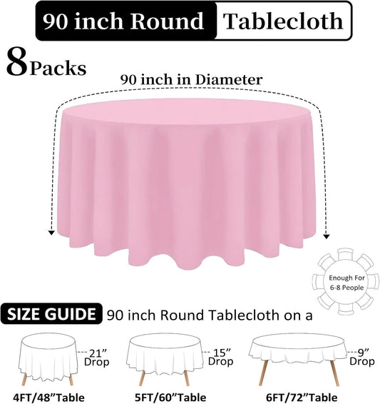8 Pack Pink Round Tablecloth 90 Inch Wrinkle Resistant Round Pink Table Cloth Reusable and Washable Polyester Fabric for Holiday Buffet Wedding Party and Banquet
