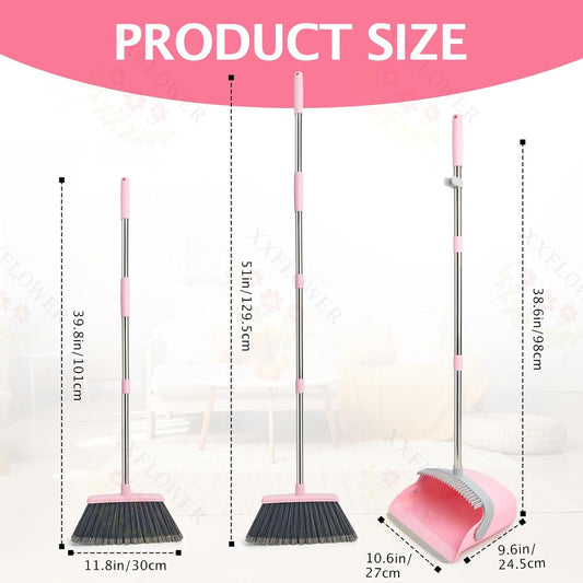 Broom and Dustpan Set, Dustpans with Broom Combo for Home, Heavy Dust Broom and Dustpan Combo, Long Handle Dust Pan and Broom Set for Kitchen, Office, Pet Hair(Gray Pink)