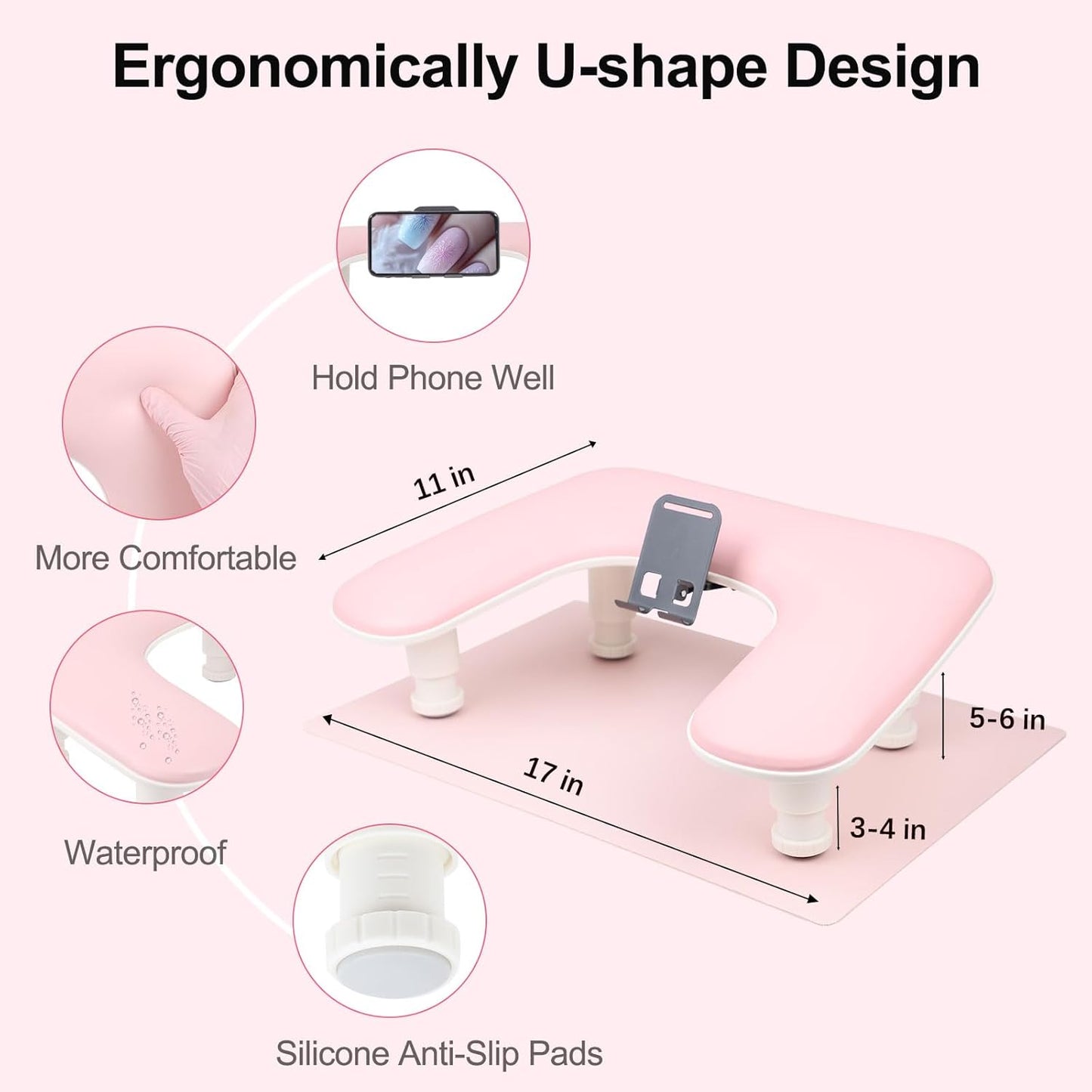 Arm Rest for Nails Tech with Nail Table Mat and Phone Holder,Adjustable Base U-shaped Manicure Nail Hand Rest Stand Pillow Cushion(Pink)