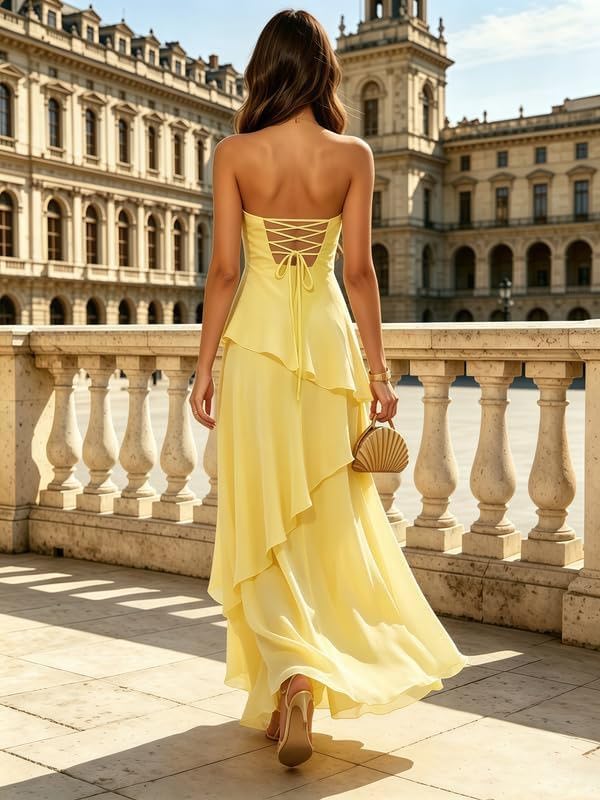 Strapless Bridesmaid Dresses Long for Women Chiffon Tiered Aline Formal Evening Dress ZU171