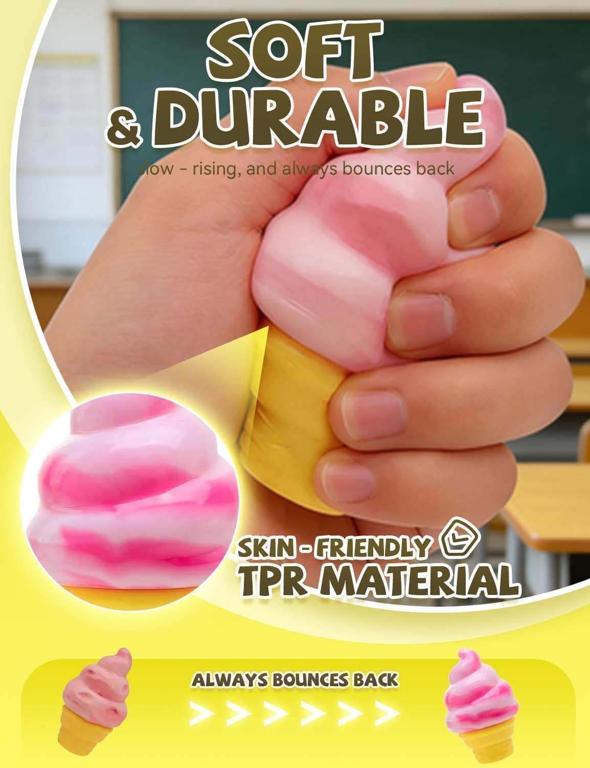 Ice Cream Squeeze Squishy, Ice Cream Cone Squishy, Slow Rise Sensory Fidget Toy, Easter Basket Stuffers Party Favors Summer Sensory Stress Relief, Kawaii Dessert (Pink)