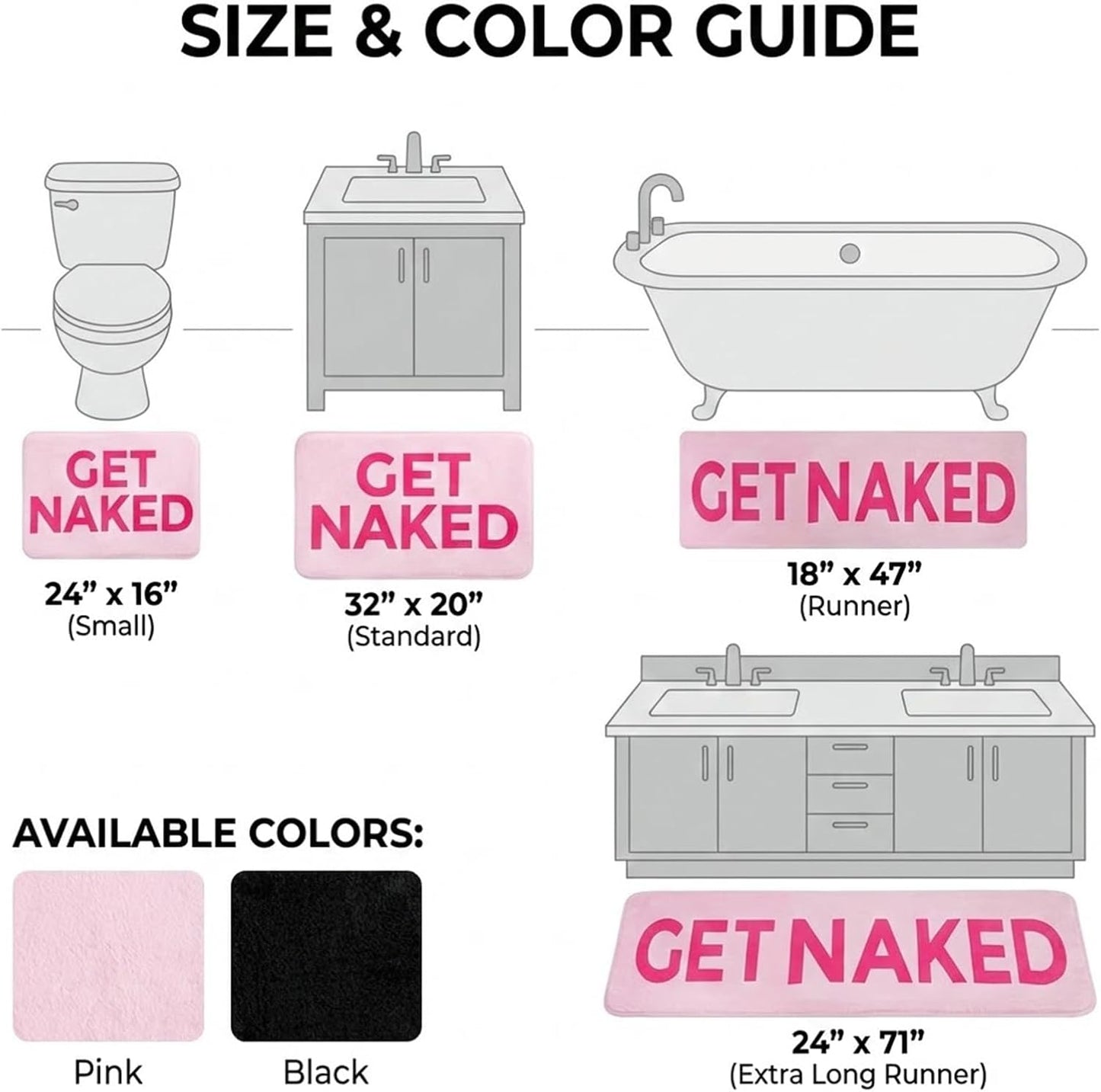 Pink Get Naked Memory Foam Bath Mat 16x24 Inch, Funny Bathroom Rugs, Cute Dorm, Apartment Decor, Soft Non Slip Absorbent Mats for Shower, Vanity