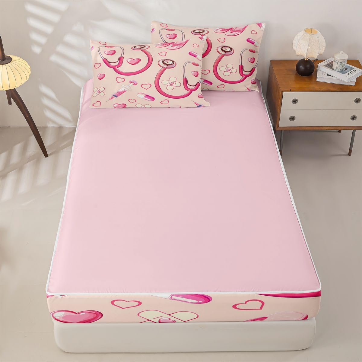 Erosebridal Peach Nurse Zipper Bedding Twin Pink Stethoscope Zip Up Bedding Set for Boys and Kids, Cute Heart Nursing Bed in a Bag Medical Healthcare Comforter with Fitted Sheet and 2 Pillowcases
