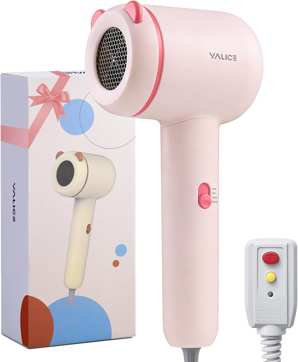 YALICE Kids Hair Dryer, Travel Small Hair Dryer for Children, Mini Ionic Quiet Kids Blow Dryer with ALCI Safety Plug, 3 Speed Settings, Anti-Scald, Kids Birthday Gift for Baby Hair Accessories, Pink
