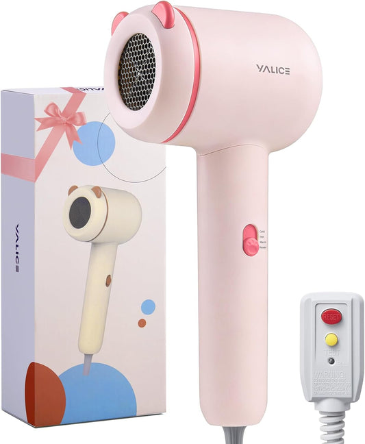 YALICE Kids Hair Dryer, Travel Small Hair Dryer for Children, Mini Ionic Quiet Kids Blow Dryer with ALCI Safety Plug, 3 Speed Settings, Anti-Scald, Kids Birthday Gift for Baby Hair Accessories, Pink