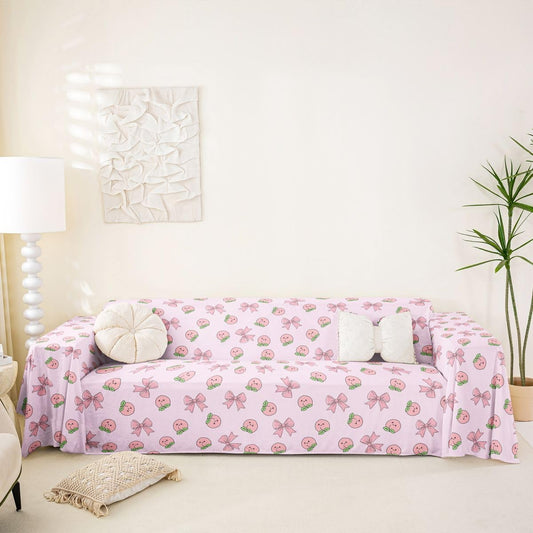 Erosebridal Bowknot Couch Blanket 71" x 118" Peach Non Slip Soft Sofa Cover Cute Cartoon Peaches Kawaii Pink Bow Cat Proof Sofa Slipcovers Fruit Princess Ribbon Bowtie Washable Sofa Protector