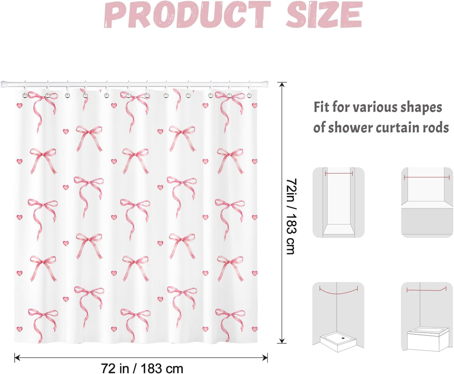 Dazzlewall Pink Bow Tie Shower Curtains, Cute Shower Curtain Set for Girls Bathroom Decor Modern Pink Curtains with Hooks, Waterproof Fabric 72x72 in