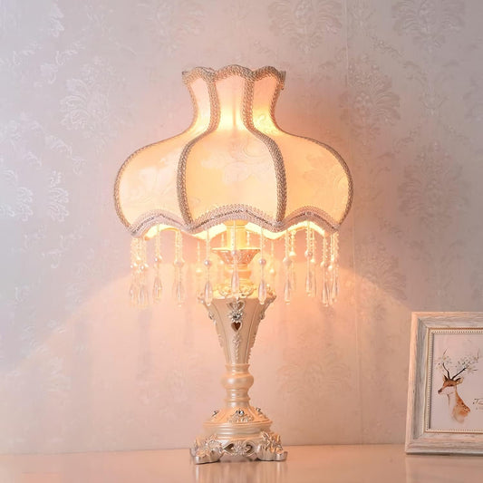 Traditional Table Lamp Tiffany Style Victorian Design Resin Bedroom Bedside Lamp with Blue Fabric Shade European Antique Painted LED Desk Lamp for Living Room Office, 13.3" W, 21.8" H,Pink