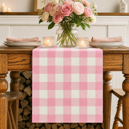 Easter Pink and White Buffalo Check Plaid Table Runner Gingham Pink Farm Birthday Party Decorations Home Kichen Dining Room Decor 13x72 Inch