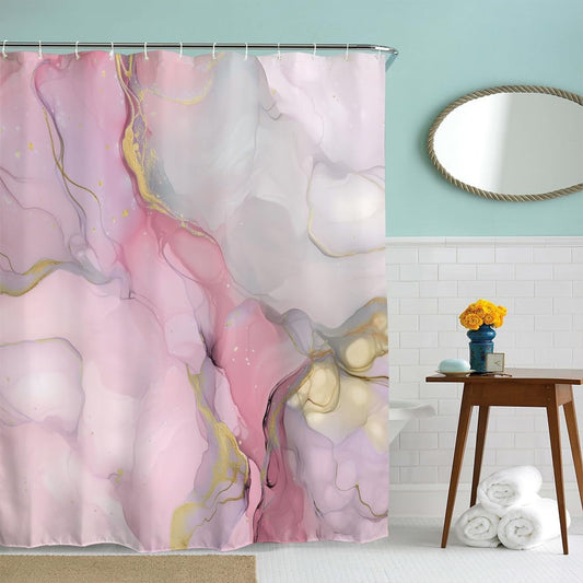 Abstract Marble Shower Curtain, Jade Texture Gold Stripes Ombre Watercolor Paint, Modern Ink Art Decor Waterproof Fabric Shower Curtain for Bathroom Set with Hooks, 71x72 (Pink)