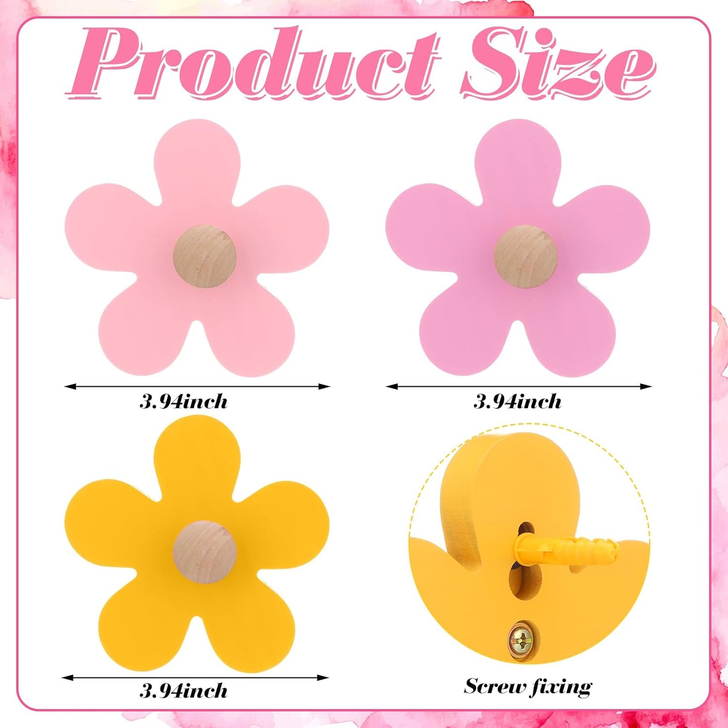 AceOrbit Pcs Daisy Wall Hooks Wood Flower Towel Hooks Cute Flower Decorative Wall Mount Hangers for Bathroom Kitchen Bedroom Home Entryway Decor (3,Yellow, Pink, Purple)