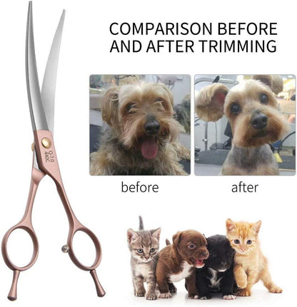 Professional Curved Dog Grooming Scissors 7'' Rose Gold 440C Stainless Steel Pet Cutting Shears Safety Trimming Shearing for Dogs Cats