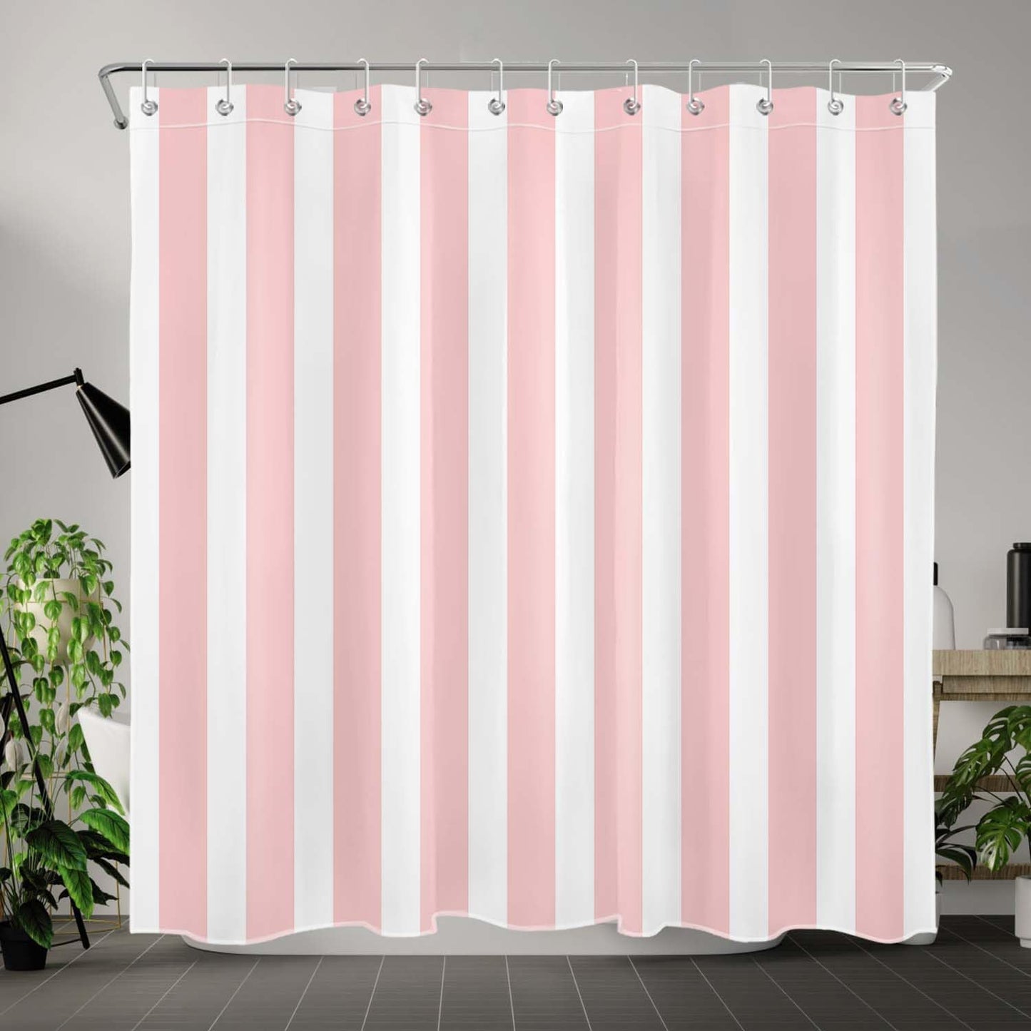 MASLEK Pink and White Striped Shower Curtain for Bathroom, Modern Vertical Stripe Geometric Bathroom Decor Minimalist Aesthetics Bathroom Curtain with Hooks, 72W X 72L Inch