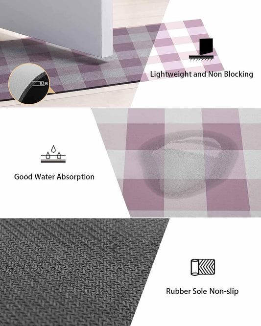 Bath Mat Absorbent Bathroom Rug,Simple White Pink Buffalo Checker Non Slip Quick Dry Bath Rugs Diatomite Stone Shower Mat,Plaid Gingham Spring Washable Doormat Kitchen Mats