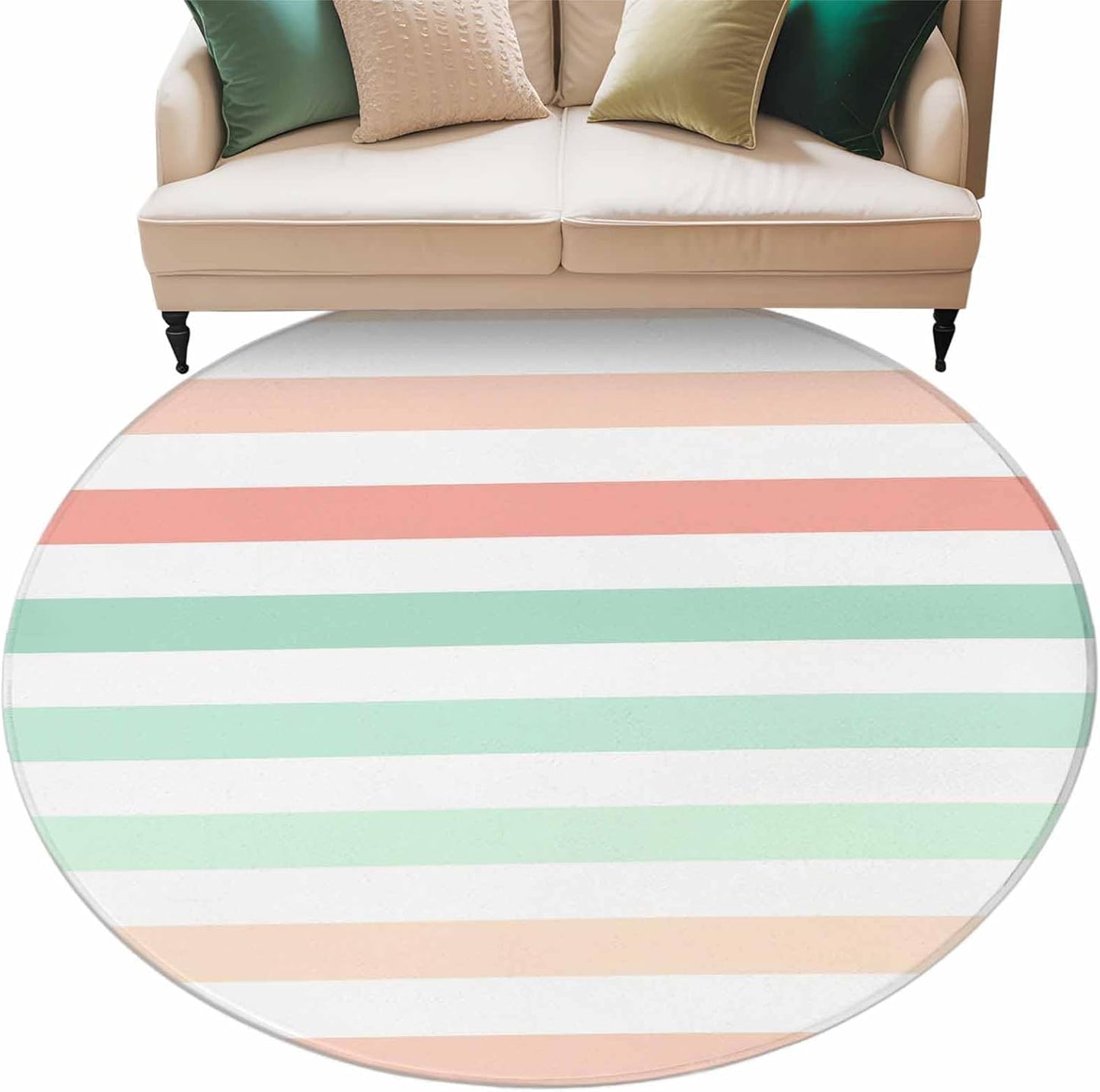 Large Round Rug 7Ft, Peach Pink Green Ombre Living Room Circle Rug Washable Round Area Rug, Farmhouse Stripe Modern Non Slip Indoor Carpet for Entryway Dining Room Bedroom Aesthetic Decor