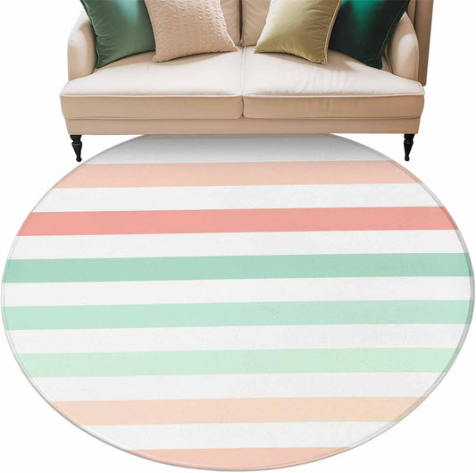 Large Round Rug 7Ft, Peach Pink Green Ombre Living Room Circle Rug Washable Round Area Rug, Farmhouse Stripe Modern Non Slip Indoor Carpet for Entryway Dining Room Bedroom Aesthetic Decor