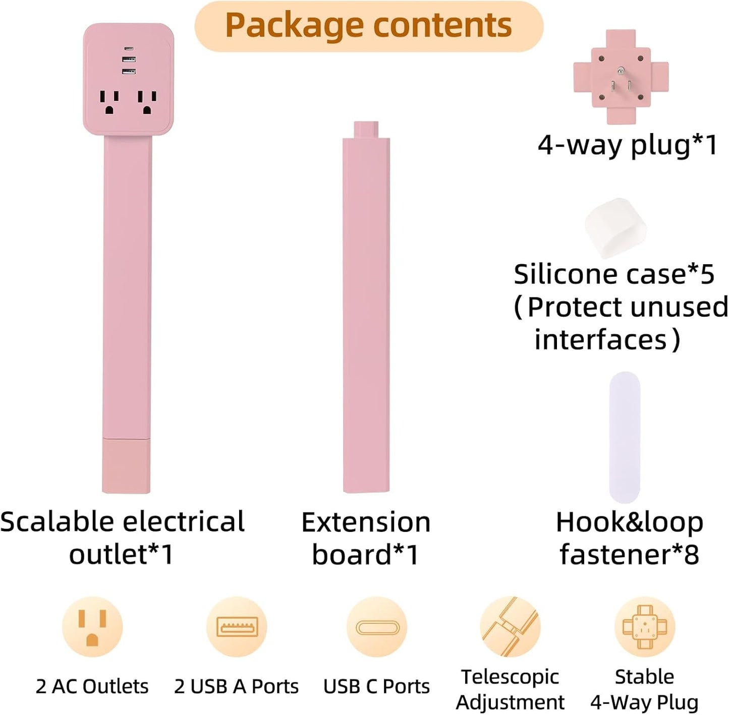 Outlet Extender 17-41in，Upgrade Stable USB-A&USB-C Wall Outlet Extender Made of Fireproof Material，Wall Plug Extender Anti-Wires-Chaos，with 4 Fixed Angles Suit for Outlet Behind Desk, Sofa（Pink）