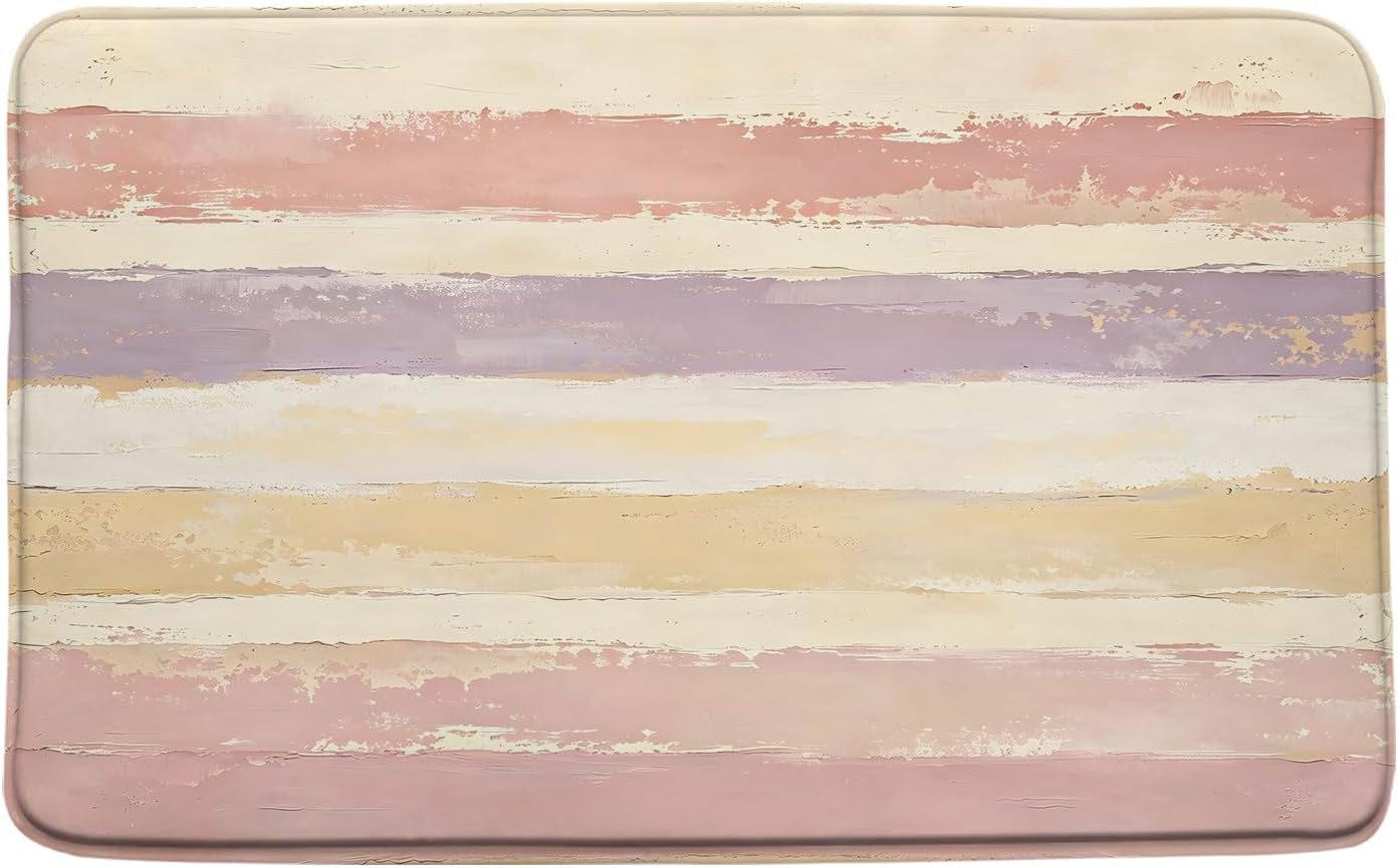 Abstract Pink Bath Mat Rug Beige Modern Oil Painting Stripe Aesthetic Minimalist Geometric 17.8" x 29.5" Microfiber Memory Foam Bathroom Kitchen Toilet Floor Mat