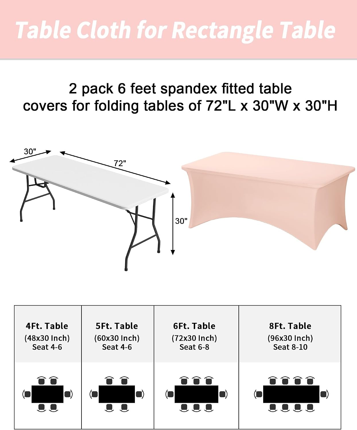 Fixwal Pink Stretch Table Cloth Rectangle 2 Pack 6FT, Spandex Fitted Table Covers Washable for Party, Trade Show, Banquet, Wedding, Buffet
