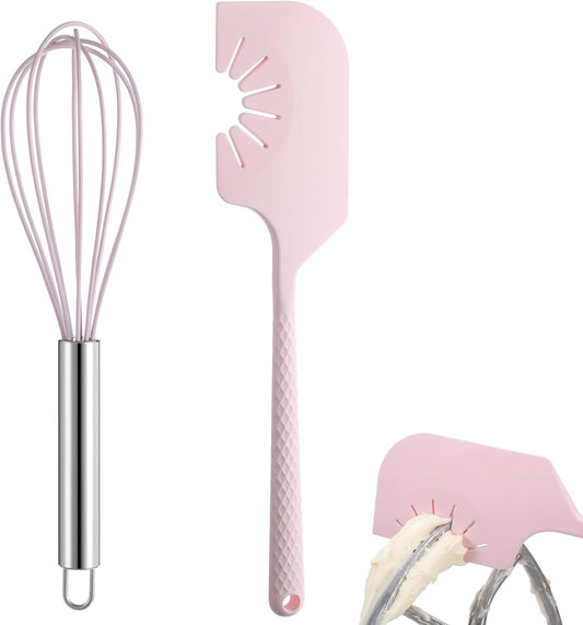 Didaey 2 Pack Silicone Kitchen Utensils - 12'' Silicone Spatula Scraper & Whisk, Compatible with Flat Beaters, Hand Mixer Beaters, Whisks, Dough Hooks for Baking, Mixing, Scraping(Pink)