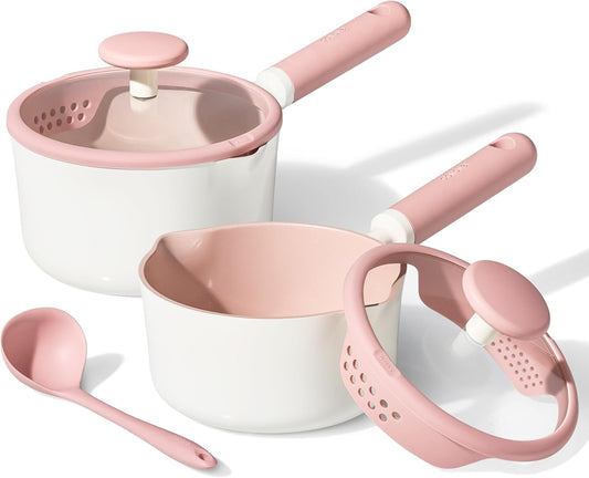 CAROTE 2.5QT & 3.0QT Sauce Pan Sets with Lid & Ladle Ceramic Nonstick Pot Set Non Toxic Saucepan with Stay-cool Handle Small Kitchen Cooking Pots, Easy to Clean, Induction Comptable, PFOA FREE
