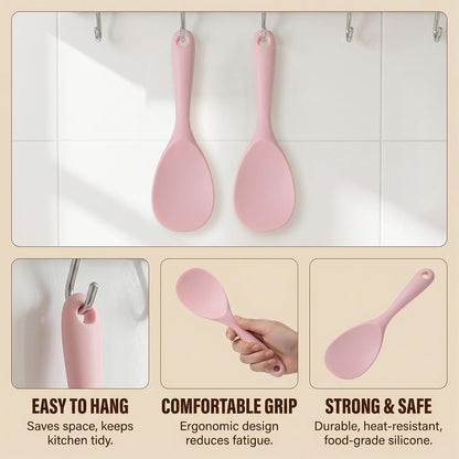 2 PCS Rice Spoon Paddle Silicone Rice Paddle 8.8 Inch Pink Non Stick Rices Spoon Scooper Spatula for Soup, Salads, Mashed Potato