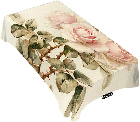 Moslion Decorative Rectangle Table Cloths Vintage Shabby Chic Pink Rose Floral 01 Tablecloth Table Cover for Dining/BBQ/Picnic/Coffee Table 60 X 90 Inches