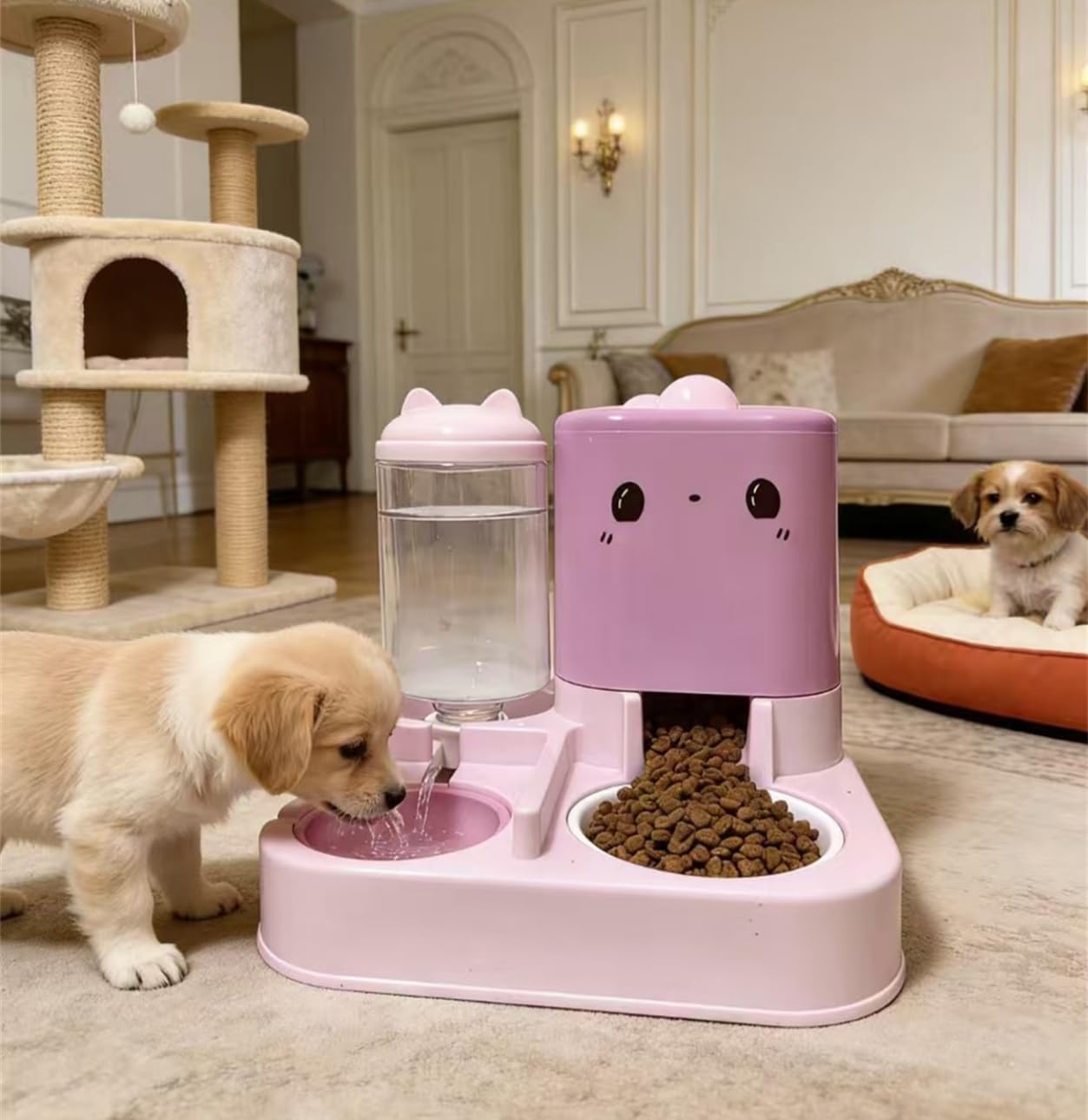 Pet Automatic Feeder Dog Cat Feeding Bowl and Water Dispenser with Refillable Storage Container Large Capacity Rabbit Feeder Watering (Pink)