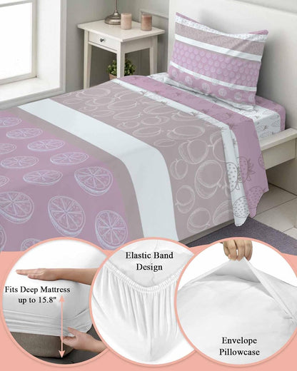 Twin XL Sheets Set - Farm Fruits Microfiber Bed Sheets for Twin Bed, Watermelon Lemons Peach Pink Grey Striped 3 Pieces Bedding Sets 1 Flat Sheet and 1 Fitted Sheet with Deep Pocket, 1 Pillowcase