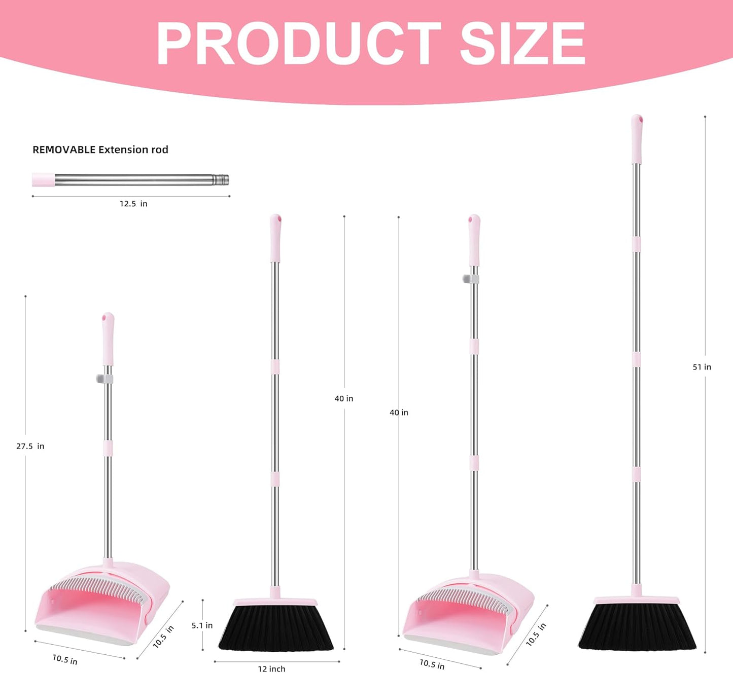 BSKLIN Broom and Dustpan Set, 52” Long Adjustable Handle Broom with Dustpan Combo Set with Dust Pan Teeth to Clean Hair for Home Lobby Office (Pink)